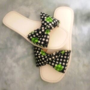 Kate Spade Black and White Sandals with Plaid Design Bow